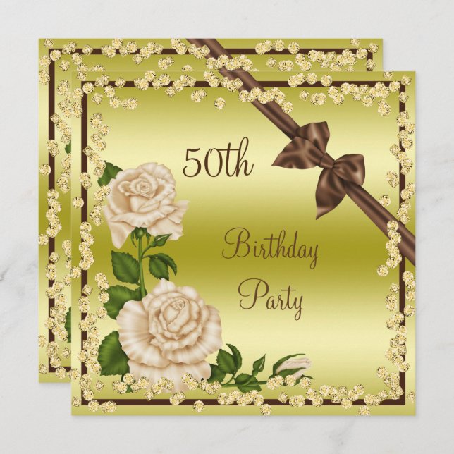 Ivory Blossom, Bows & Diamonds 50th Birthday Invitation (Front/Back)