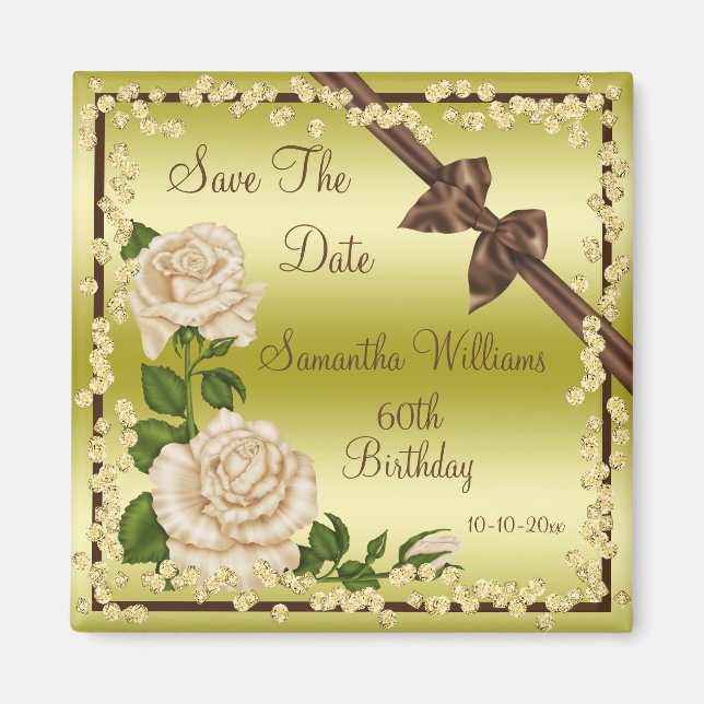 Ivory Blossom, Bows & Diamonds 60th Save The Date Magnet (Front)