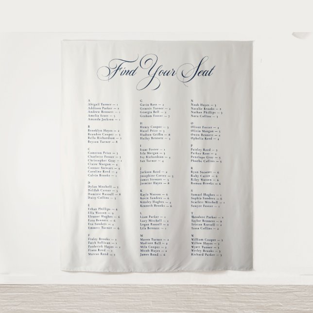 Ivory Blue Alphabetical Wedding Seating Chart Tapestry (Front)