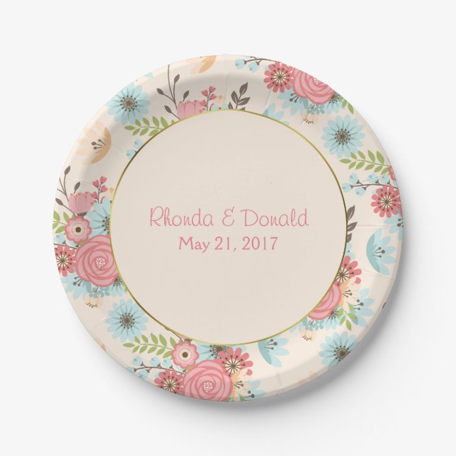 Ivory, Blue and Coral Floral Wedding Paper Plate (Front)