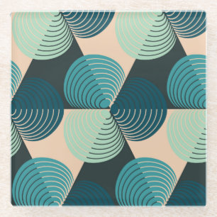Ivory-Blue Geometric: Retro Tile Elegance. Glass Coaster