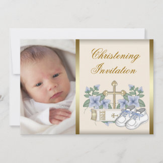 Ivory Blue Gold Baby Boy Photo Christening Invitat Invitation