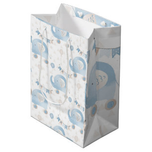 Ivory Blue Taupe Elephants Balloons Baby Boy Gift  Medium Gift Bag
