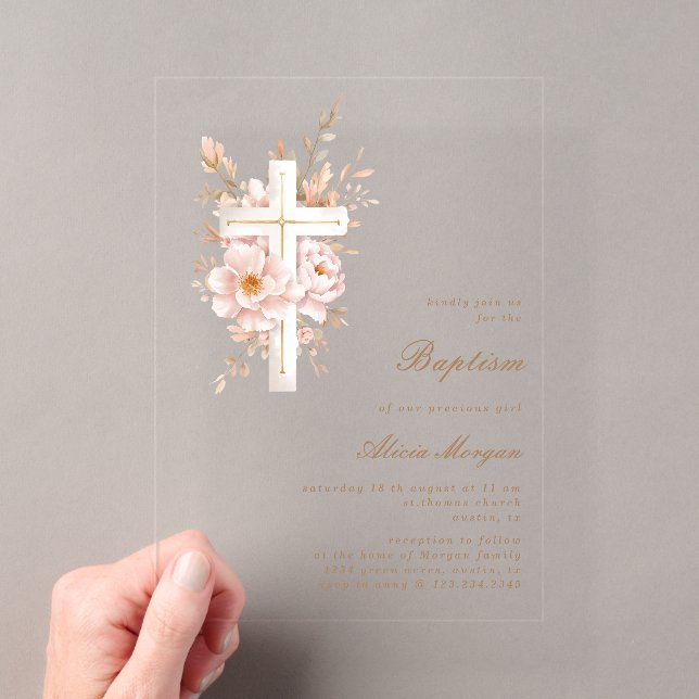Ivory Blush Floral Cross Baptism Invitation (Insitu (Handheld))