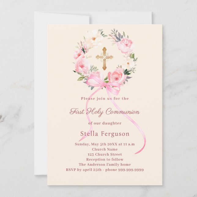 Ivory blush florals bow cross First Communion Invitation (Front)