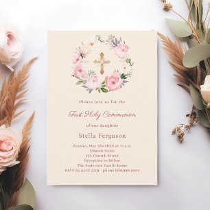 Ivory blush florals cross First Communion Invitation