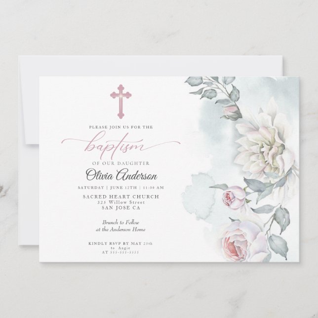 Ivory Blush Pink Cottage Flowers Baptism Invitation (Front)