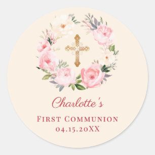 Ivory blush pink floral wreath First Communion Classic Round Sticker