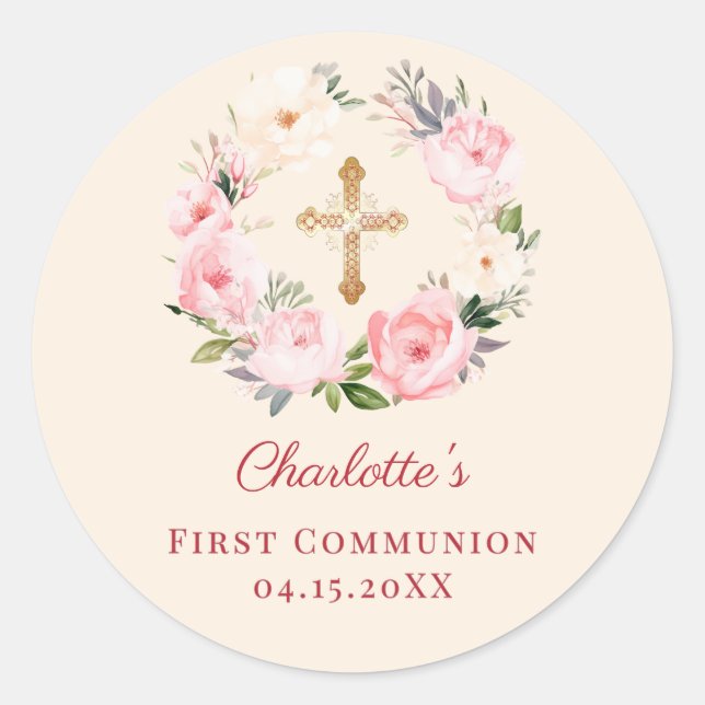 Ivory blush pink floral wreath First Communion Classic Round Sticker (Front)