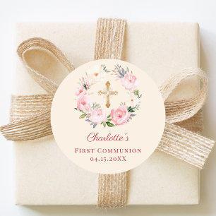 Ivory blush pink floral wreath First Communion Classic Round Sticker