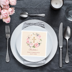 Ivory blush pink floral wreath First Communion Napkin