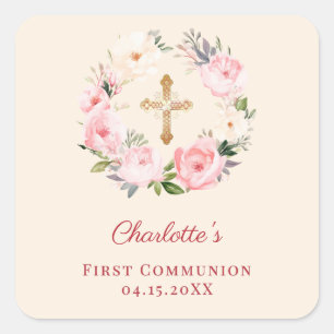 Ivory blush pink floral wreath First Communion Square Sticker
