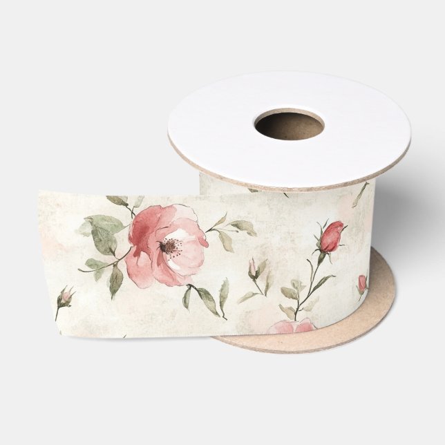 Ivory Blush Pink Roses Floral Bridal Shower Satin Ribbon (Spool)