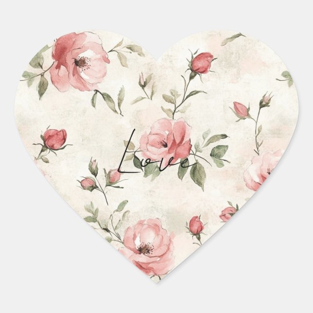 Ivory Blush Pink Roses Floral Heart Sticker (Front)