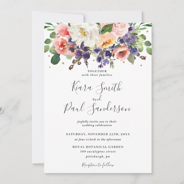 Ivory Blush Purple Peach Floral Greenery Wedding Invitation (Front)