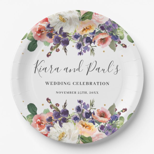 Ivory Blush Purple Peach Floral Greenery Wedding Paper Plate (Front)