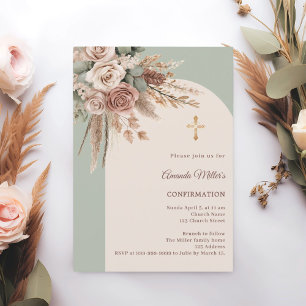 Ivory blush roses sage green arch Confirmation Invitation
