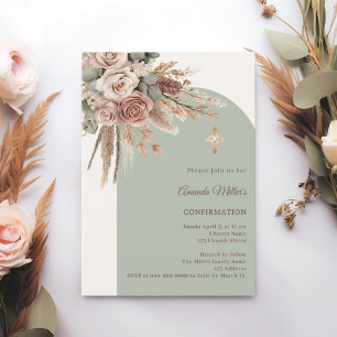 Ivory blush roses sage green arch Confirmation Invitation