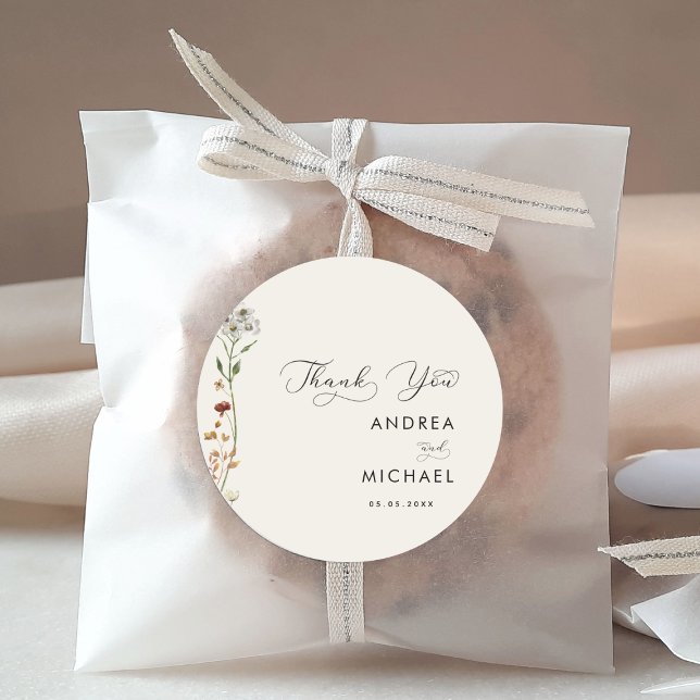 Ivory Boho Fall Wildflower Wedding Thank You Classic Round Sticker (Creator Uploaded)