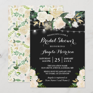 Ivory Botanical Floral String Lights Bridal Shower Invitation