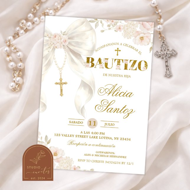 Ivory Bow Coquette Rosary bautizo Invitation (Creator Uploaded)