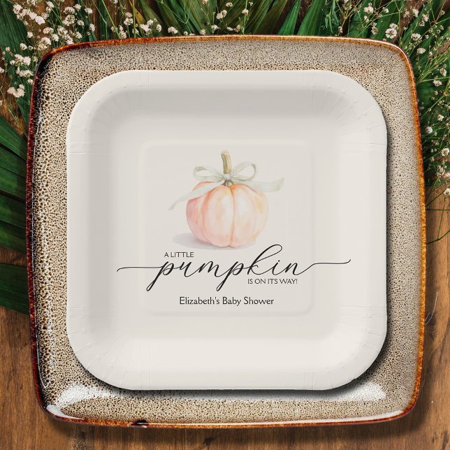 Ivory Bow Little Pumpkin Baby Shower Paper Plate (Ivory Bow Little Pumpkin Gender Neutral Baby Shower Square Paper Plates)