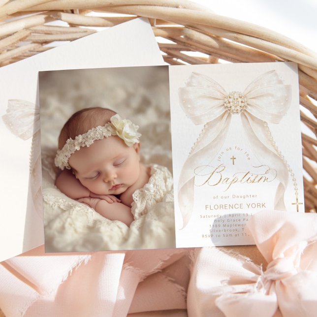 Ivory Bow Pearls Elegant photo Baptism Invitation (Creator Uploaded)
