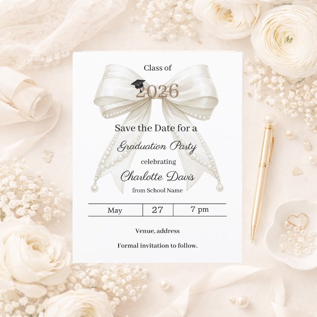 Ivory bow pearls Graduation party Save the Date Flyer (Creator Uploaded)