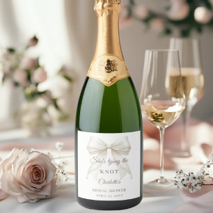 Ivory bow pearls tying the knot Bridal Shower Sparkling Wine Label