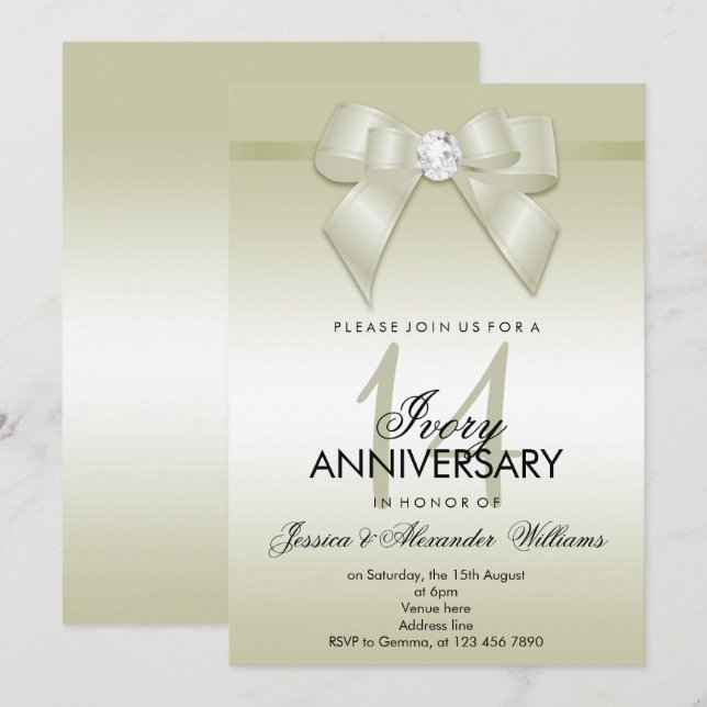 Ivory Bow & Ribbon 14th Wedding Anniversary Invitation (Front/Back)
