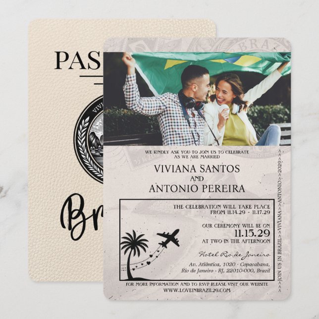 Ivory Brazil Passport Wedding Invitation (Front/Back)