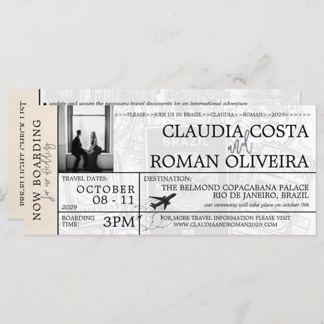 Ivory Brésil Mariage Boarding Pass Invitation (Devant / Derrière)