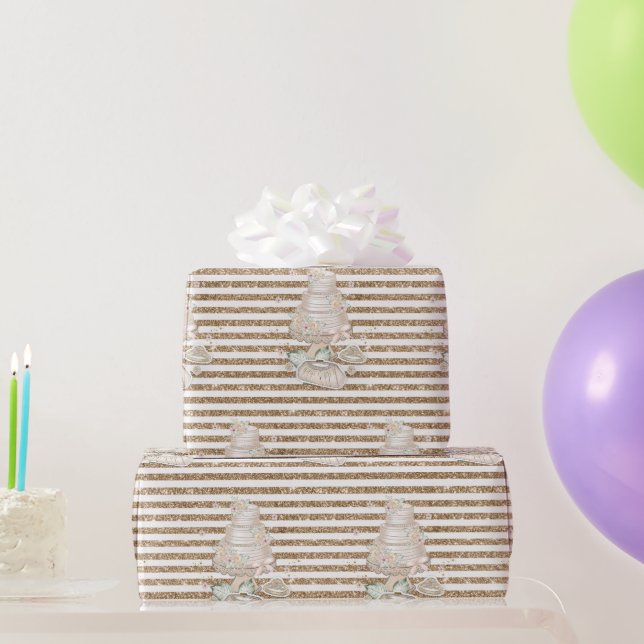 Ivory Bridal Shower Wedding Cake Glitter Stripes Wrapping Paper (Party Gifts)