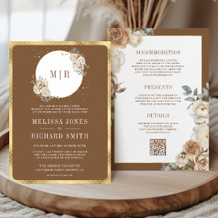 Ivory Brown Beige Floral Gold All in One Wedding Invitation