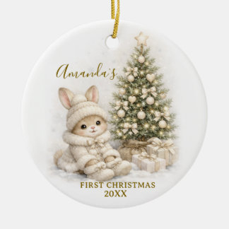 Ivory Bunny Rabbit First Christmas Keepsake Girl Ceramic Ornament