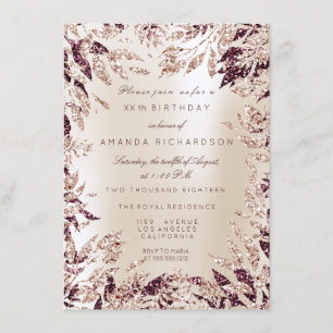 Ivory Burgund Rose Gold Glitter Leafs Floral Frame Invitation