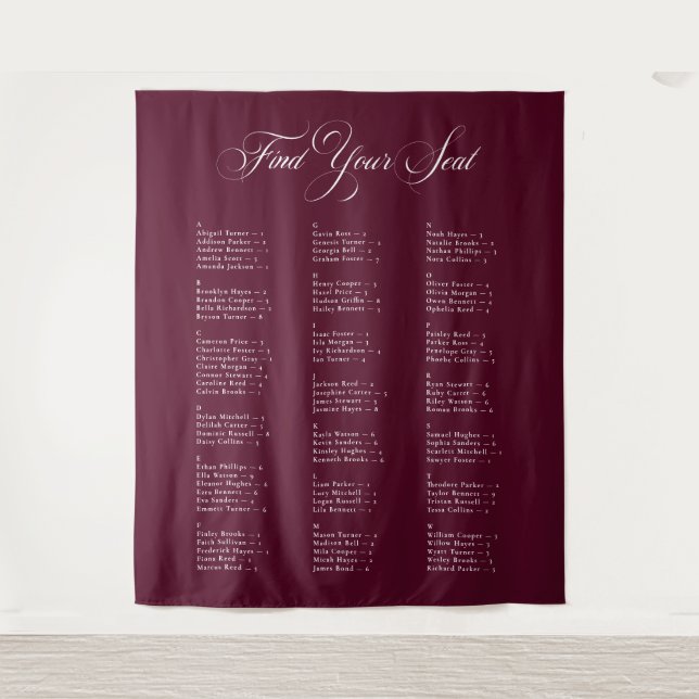 Ivory Burgundy Alphabetical Wedding Seating Chart Tapestry (Front)