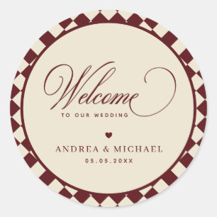 Ivory & Burgundy Checkered Retro Wedding Welcome Classic Round Sticker