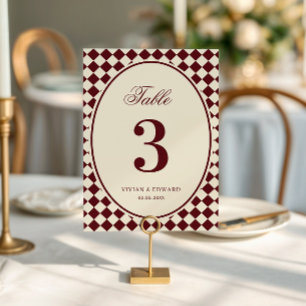Ivory & Burgundy Checkered Wedding Table Number