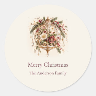 Ivory Burgundy Christmas Glasshouse Family Name Classic Round Sticker