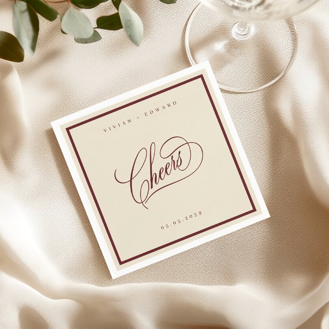 Ivory Burgundy Classic Border Cheers Retro Wedding Napkin (Creator Uploaded)