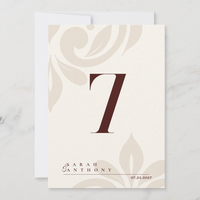 Ivory Burgundy Classic Elegant Damask Table Number (Front)