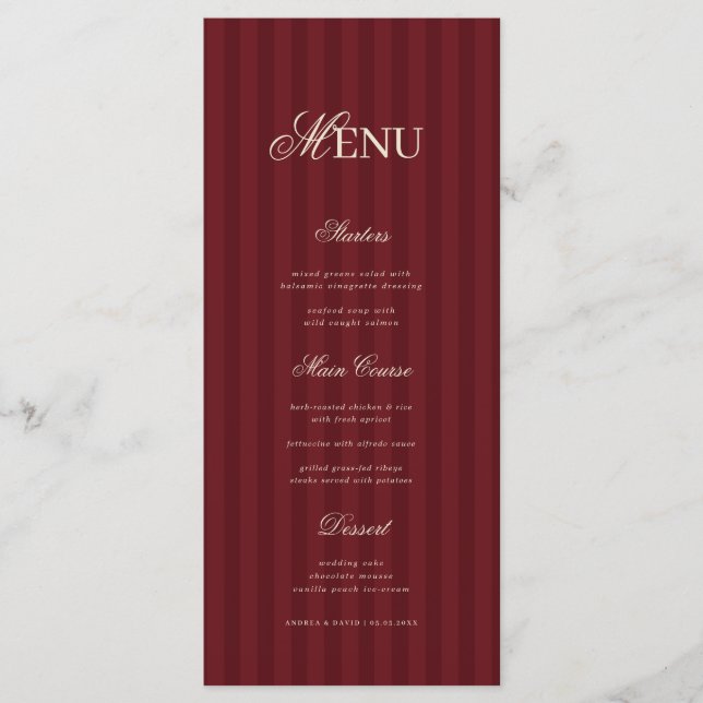 Ivory & Burgundy Elegant Stripes Retro Wedding Menu (Front)
