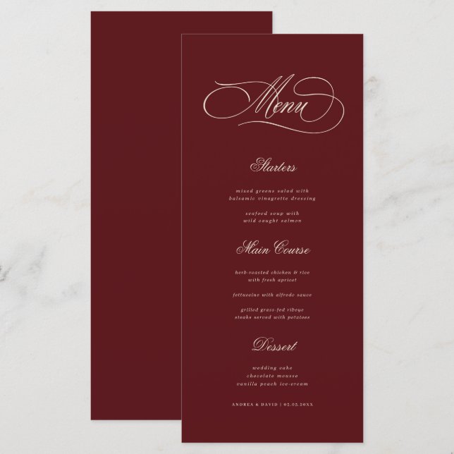 Ivory & Burgundy Old Money Aesthetic Retro Wedding Menu (Front/Back)