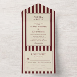 Ivory & Burgundy Stripes Border Retro Wedding All In One Invitation