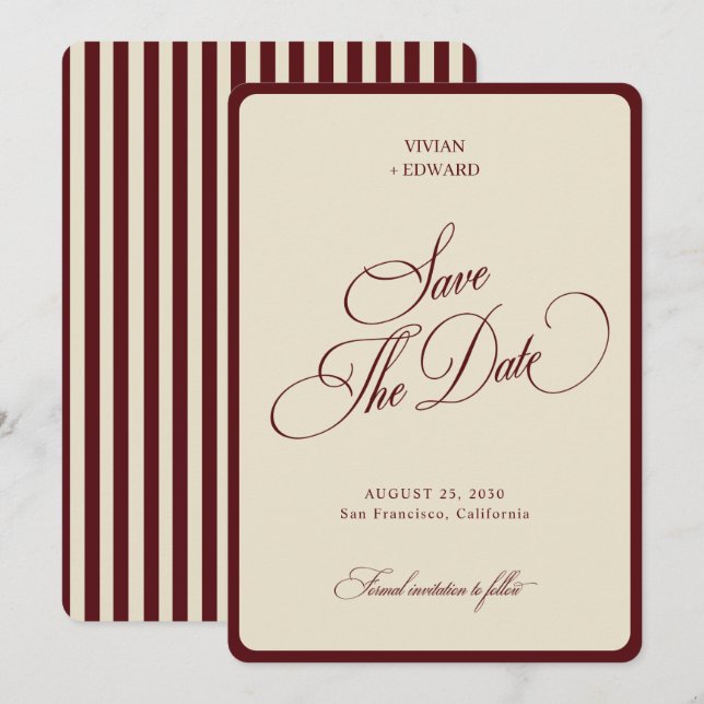 Ivory & Burgundy Stripes Border Retro Wedding Save The Date (Front/Back)