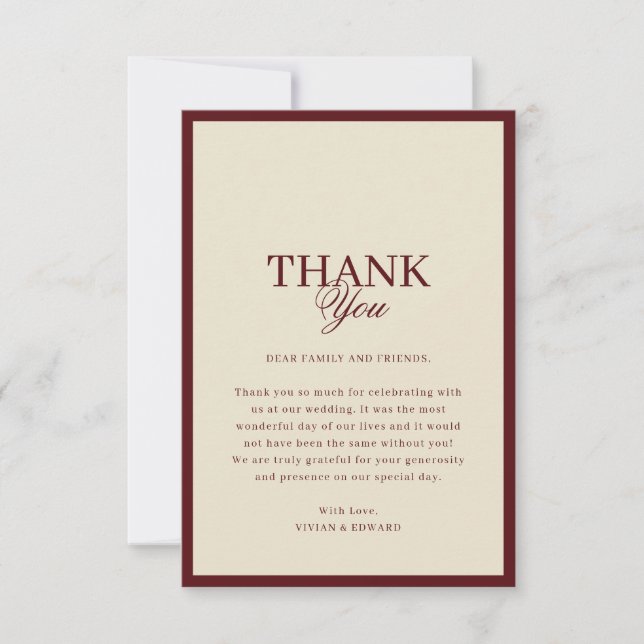 Ivory & Burgundy Stripes Border Retro Wedding Thank You Card (Front)