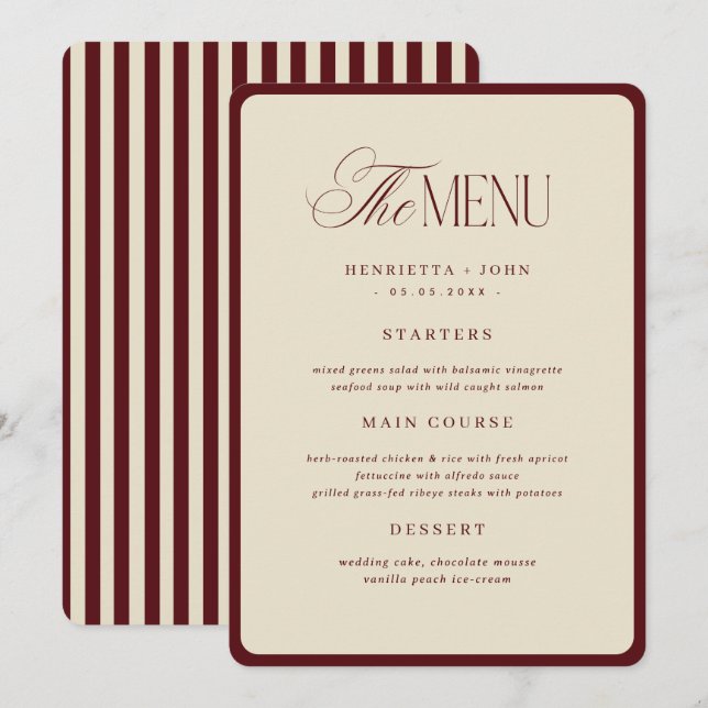 Ivory Burgundy Stripes Border Wedding Menu Card (Front/Back)
