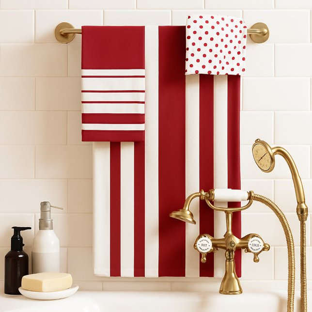 Ivory Burgundy Stripes Pois (A classic bathroom towel set in ivory and burgundy with stripes and polka dots)