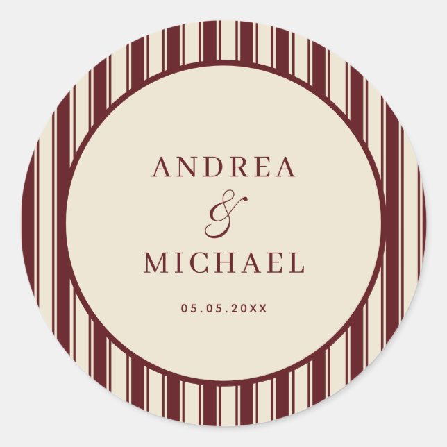 Ivory & Burgundy Stripes Retro Custom Wedding Classic Round Sticker (Front)